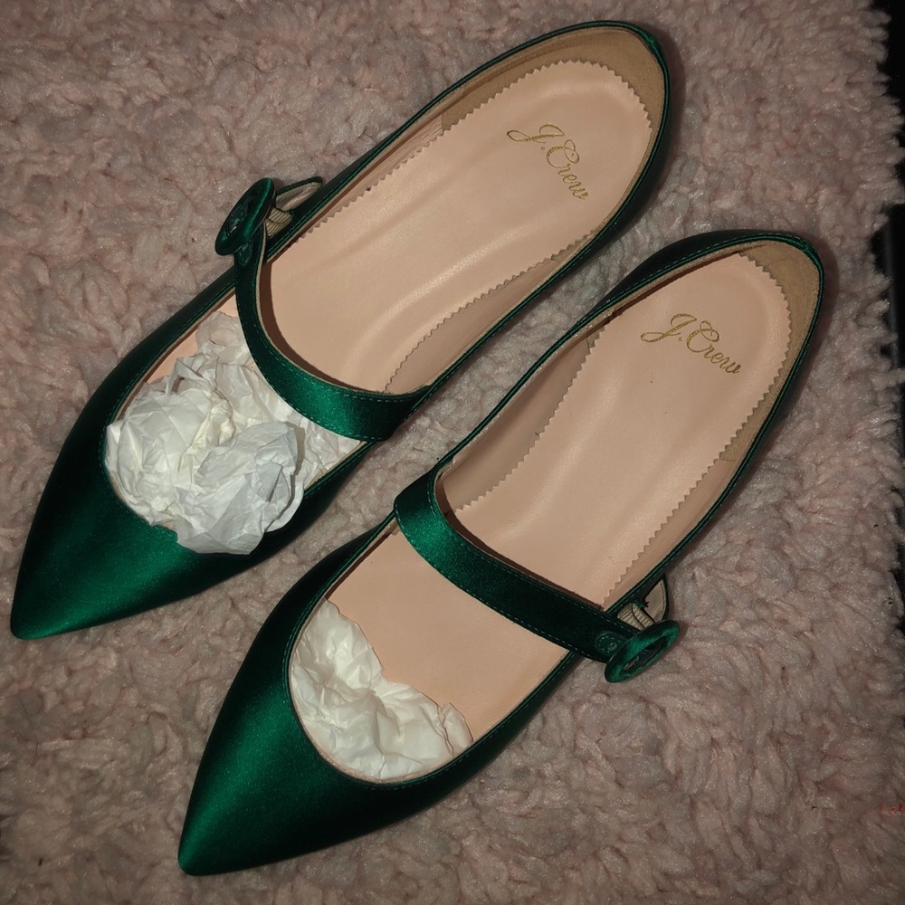 Jcrew Green Satin Mary Jane Flats....Never Worn